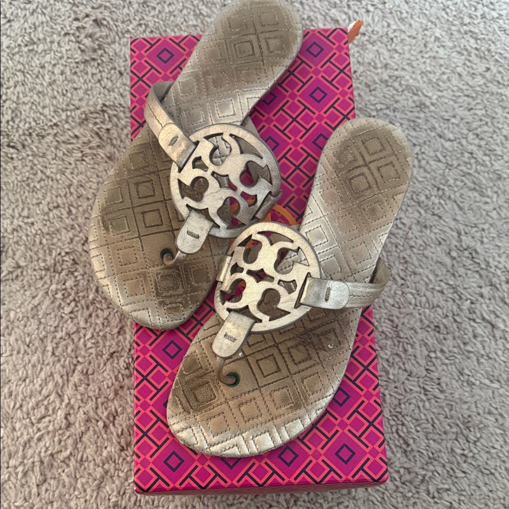 Tory Burch Rose Gold Sandals with Logo Cutout